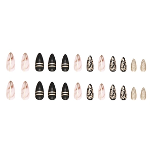 Black almond press-on nails set with gold foil glitter and marble patterns on white background