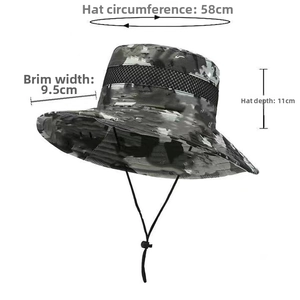 Detail view of camouflage fishing hat showing 58cm circumference and breathable mesh