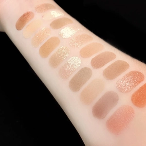 Neutral 20-color eyeshadow palette arm swatches with matte and shimmer brown tones
