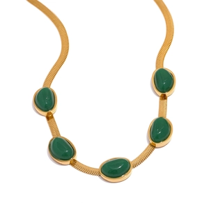Retro gold snake chain necklace featuring five oval emerald green gemstone inlays