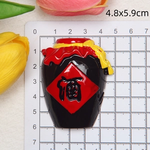 Miniature resin Chinese wine jar magnet with red tassel and size scale detail