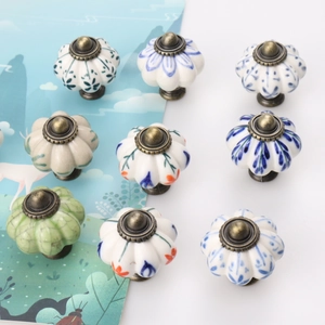 European pumpkin pattern ceramic cabinet knobs with antique bronze base set for drawers