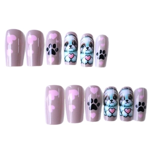 Press-on nails featuring cute puppy and heart patterns on light purple glossy base