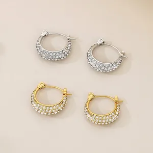 French Retro Stainless Steel Hoop Earrings With Pave Rhinestone Light Luxury Vintage Jewelry For Women
