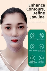 Close-up of pink V-line lifting mask with geometric texture showing chin and ear support