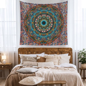 Detail of high-definition digital printing on a bohemian mandala wall hanging tapestry