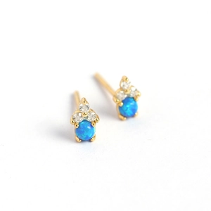 S925 silver stud earrings with blue opal stone and zircon accents in gold finish