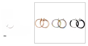Three pairs of stainless steel spring clip-on earrings in rose gold, rainbow, and black finish