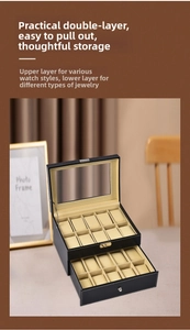 Detailed view of dual-layer black faux leather watch box with glass window and soft interior