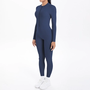 Detail of navy blue long sleeve yoga bodysuit with zipper neckline and slim fit design