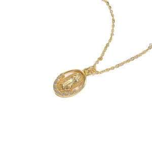 Gold Virgin Mary oval pendant necklace with sparkling cubic zirconia on a dainty chain