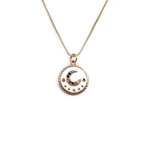 Golden moon and star pendant necklace with white enamel inlay and colorful gemstones