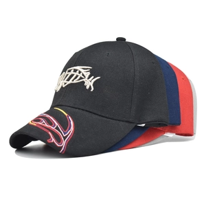Set of four 3D skeleton fish embroidery baseball caps in black, navy, red and grey