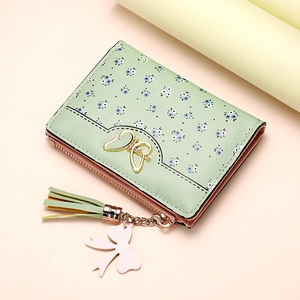 Short floral mint green wallet with golden butterfly buckle and tassel pendant for women
