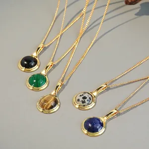 French Vintage Natural Stone Pendant Necklace Gold Plated Copper Chain Tiger Eye Lapis Malachite Jewelry For Women Gift
