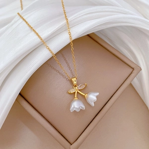 Detailed close-up of a floral pendant necklace with crystal leaves on a jewelry box