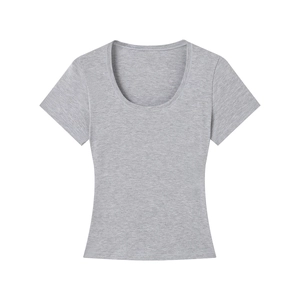 Close-up of gray slim fit T-shirt showing soft ribbed fabric and deep U-neckline detail