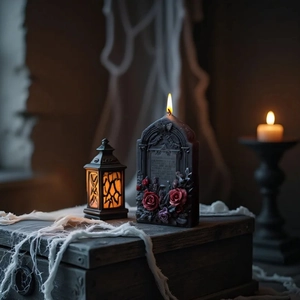 Gotische Grabstein-Kerzenform mit detailliertem 3D-Rosenrelief für Halloween-Bastelprojekte