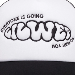 American retro trucker hat with black and white embroidery and breathable mesh
