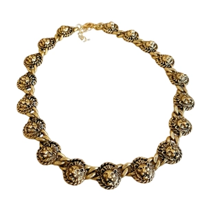Collier tête de lion vintage doré avec maillons gravés et chaîne de réglage ajustable