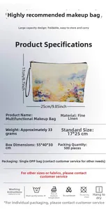 Detailed size specifications of 17x25cm floral linen makeup bag with landscape print