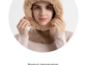 Detail of camel thermal knit hood with thick faux fur trim and ribbed neck gaiter
