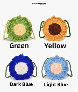 Detail of floral crochet shoulder bags in green, yellow, dark blue and light blue colors