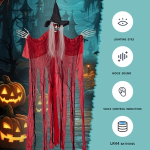 Voice controlled hanging Halloween witch in red robe with glowing eyes and spooky sounds