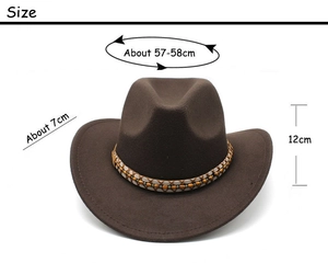 Detail view of western wool felt hat showing 7cm brim, 12cm crown, and beaded band