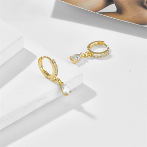 Fashionable 14K gold plated teardrop huggie earrings with sparkling zircon gemstones
