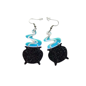 Halloween Witch Cauldron Dangle Earrings Acrylic Black Glitter Iridescent Smoke Quirky Party Ear Jewelry For Women