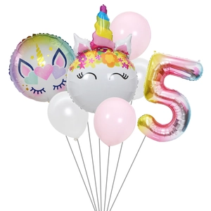 Unicorn theme party balloon set with rainbow number 5 and pink latex balloons