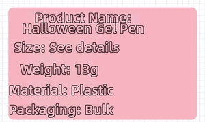 Infographic showing specifications for Halloween gel pen including 13g weight and plastic material