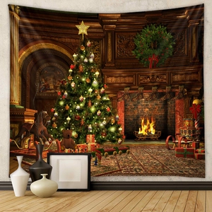 Detail of Christmas tree tapestry showing warm fireplace and gifts in cozy room