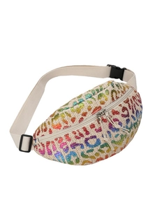 Rainbow leopard print straw waist bag with adjustable strap and dual zipper closure