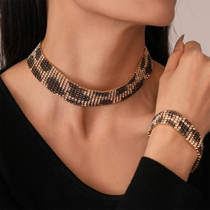 Luxury leopard print rhinestone choker necklace and bracelet set in gold plating