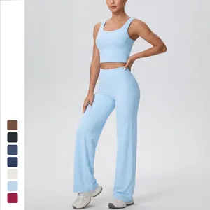 Donna Micro Spazzolato Completo da Yoga Top Aderente Sportivo E Pantaloni Larghi Dritti Allenamento