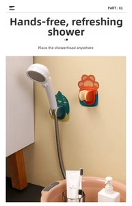 Wall-mounted cartoon dinosaur and cat paw shower head holder with adhesive base