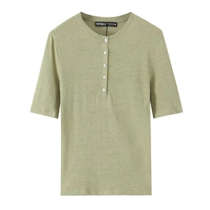 Women's light green linen blend short sleeve Henley T-shirt with five white buttons