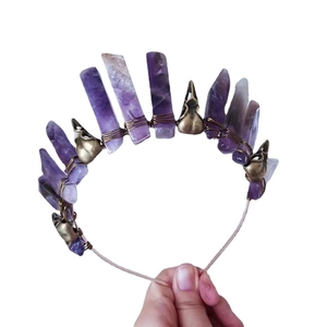 Gothic amethyst quartz crown with gold wire wrapping and skull metal accents