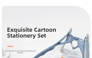 Close-up of a blue semi-transparent pencil case with colorful cartoon stationery items