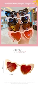 Detail view of heart-shaped kids sunglasses with UV400 protection and size markings