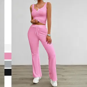 Women Ribbed Knit Two Piece Set Sleeveless V Neck Button Tank Top And Drawstring Flared Pants Casual Lounge Streetwear