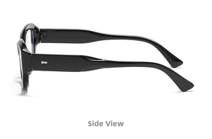 Detailed side view of stylish black cat-eye glasses frame with sleek temple hinges