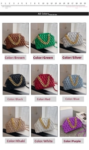 Macro shot showing nine colors of quilted shell bags with bold gold chain accents
