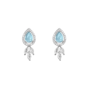 Detailed view of pear-cut light blue gemstone earrings with leaf accents and white crystals