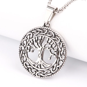 Polished stainless steel Tree of Life pendant necklace with Celtic knot patterns