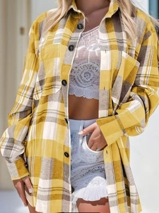 Women casual plaid long sleeve button up shirt with chest pocket in yellow and grey