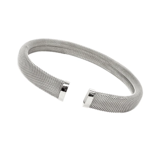 Detailed view of silver mesh textured C-shape stainless steel bracelet with smooth ends