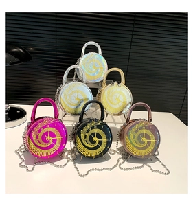 Collection of round clock-pattern handbags in pink, black, brown, silver, and gold colors